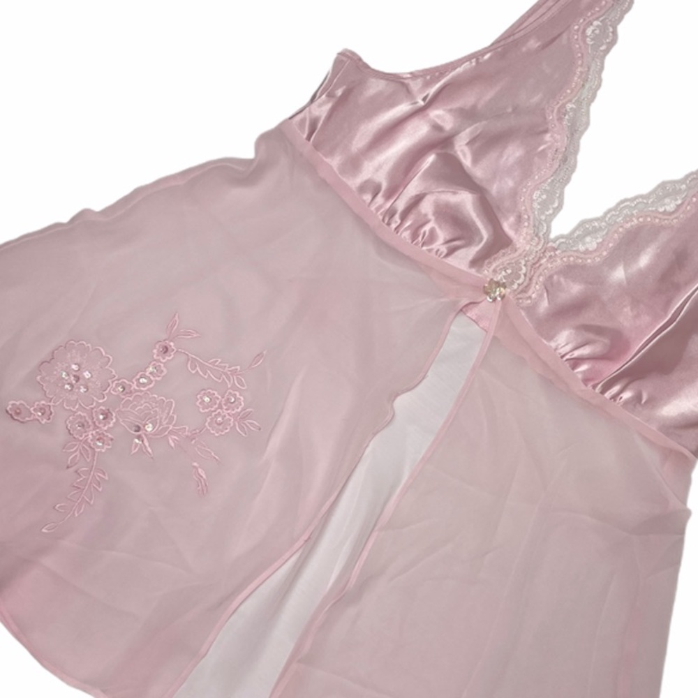 Sexy Silk Babydoll Nighty Romantic Sequins Embroidered Pink 80s 90s Y2K Lingerie - Picture 7 of 16